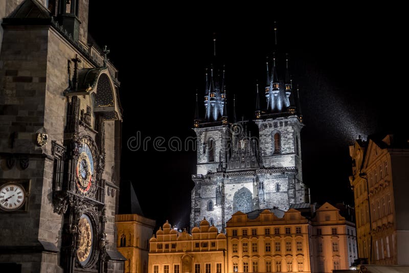 Old Town Square with Astromonic Clock And The Church of Our Lady before TÃ½n In Prague In The Czech Republic