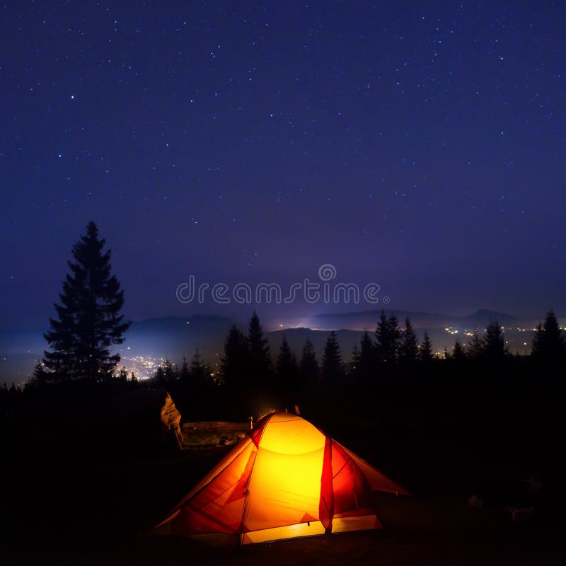 Illuminated Orange Camping Tent Stock Photo Image of landscape, camping 57826270