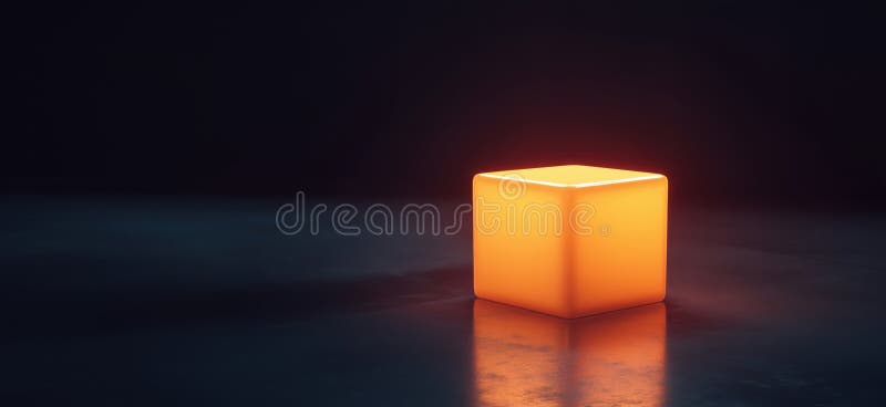 Illuminated orange cube glowing softly in dark environment, reflecting light on smooth surface, creating a serene and stock photography