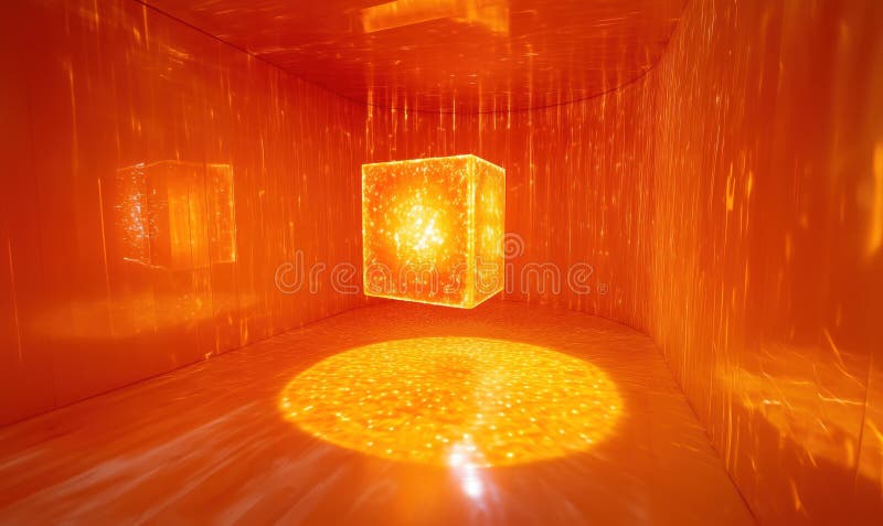 Illuminated orange cube in immersive light installation creating dynamic reflections and patterns on walls and floor stock photography