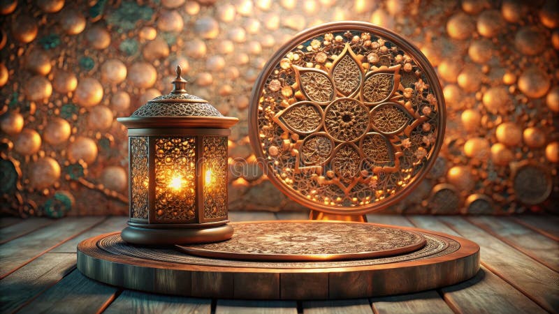 Illuminated ornate lantern and intricate circular design on wooden display. Generative AI royalty free illustration