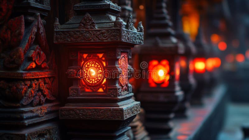 Illuminated Ornate Lanterns Line Ancient Temple Wall vector illustration