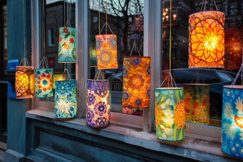 Colorful lanterns displayed in window at dusk stock illustration