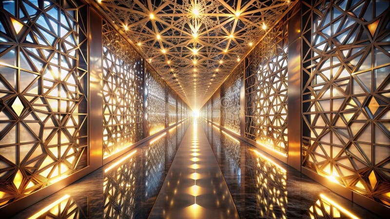 Illuminated passageway a golden geometric corridor with reflective floor and intricate wall designs. Generative AI stock illustration