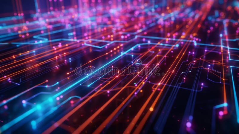 Illuminated Pathways of Digital Data Transmission. This image depicts a complex network of glowing, colorful digital pathways, representing data transmission within digital and cyber systems.