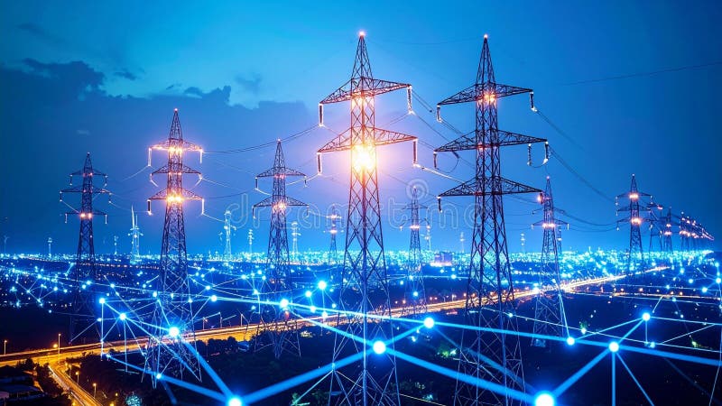 Illuminated power grid at night with digital network connections over cityscape. Illuminated pylons stock images, royalty-free photos and pictures