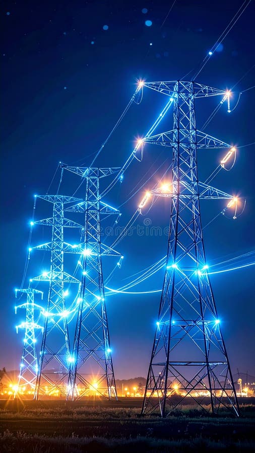 Illuminated power grid at night with glowing electricity lines and towers. Illuminated pylons stock images, royalty-free photos and pictures