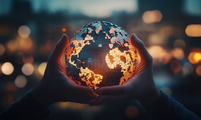 Illuminated Puzzle Globe Held in Hands Symbolizing Global Unity and Connection, Blurred City Background royalty free stock photos