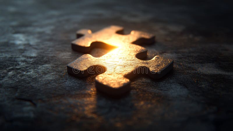 Illuminated puzzle piece on textured surface at dusk stock images