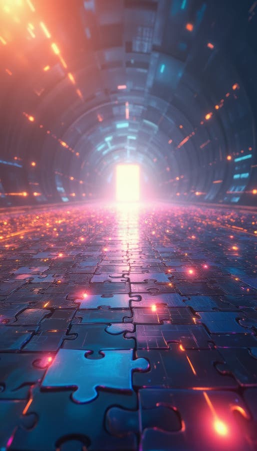 Illuminated puzzle pieces leading to a glowing exit royalty free stock images