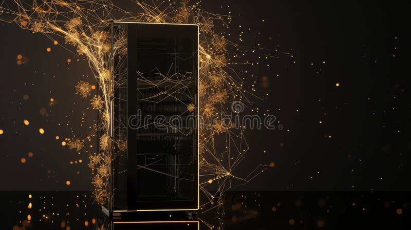 Illuminated server rack with glowing digital particles royalty free stock photo