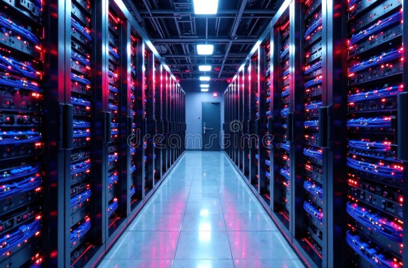 Illuminated server racks line the corridor of a high-tech data center at night, showcasing advanced technology stock images