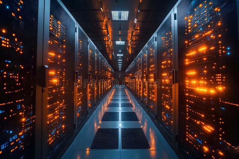 High-Tech Data Center Corridor with Illuminated Server Racks for Advanced Computing Generative AI royalty free stock image