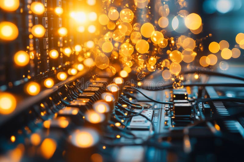 Illuminated server racks are visible during nighttime hours in a data center royalty free stock images