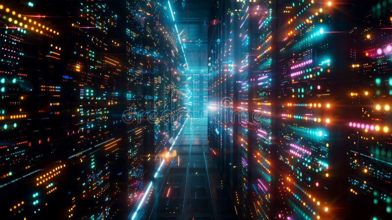 Illuminated Server Room with Blinking Lights and Humming Machinery. Concept: Boundless Digital Connectivity stock image
