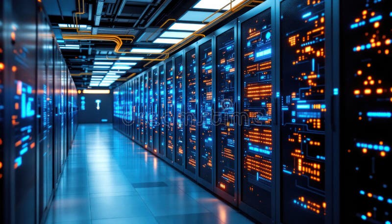 Illuminated Server Room Data Center Network Technology stock images