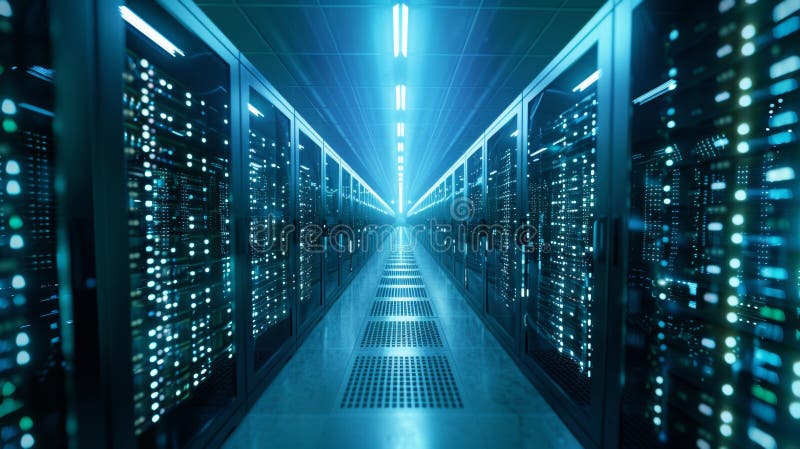 Illuminated server room with high-tech equipment royalty free stock photography