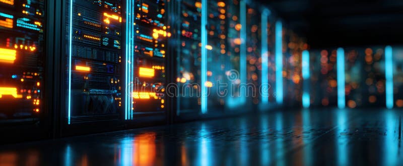 The illuminated server room showcasing advanced technology and modern infrastructure. image royalty free stock photography.