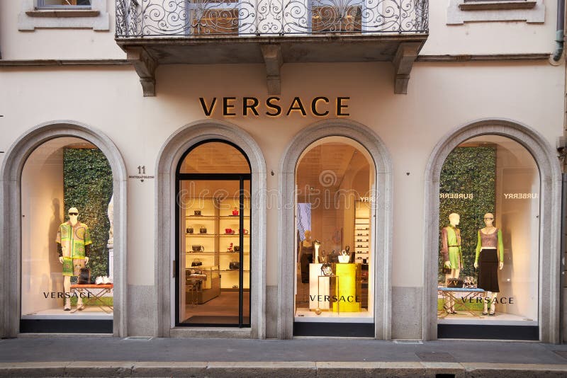 Illuminated Showcase of Versace Store. Front Door To the Store. Italy ...