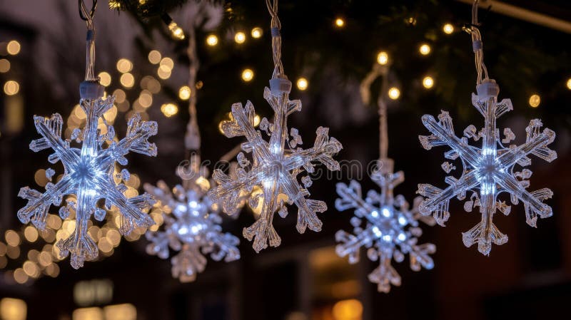 Illuminated Snowflake Ornaments Hanging Against A Blurred Background. Ai Generated