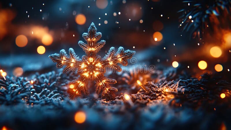 Illuminated snowflake in winter wonderland setting stock illustration