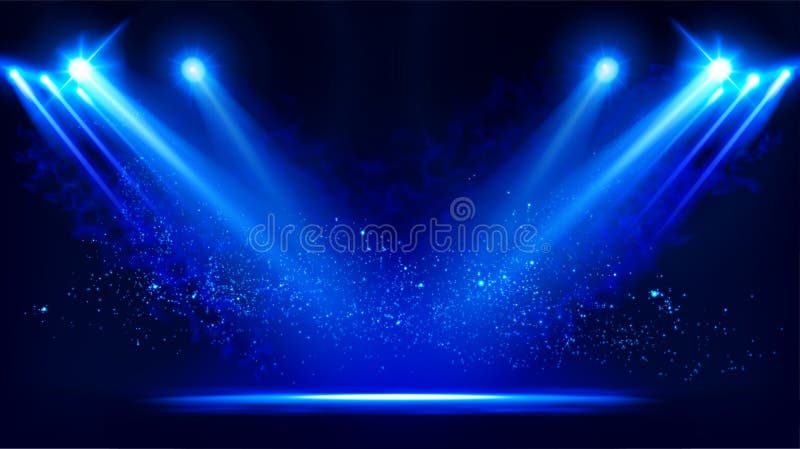 Illuminated stage with scenic lights and smoke. Blue vector spotlight with smoke volume light effect on black background royalty free illustration