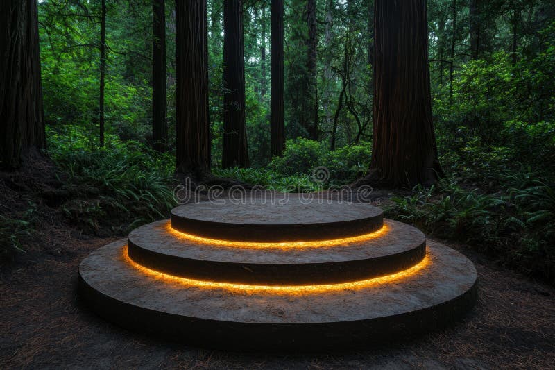 Illuminated stone platform in enchanting forest stock illustration
