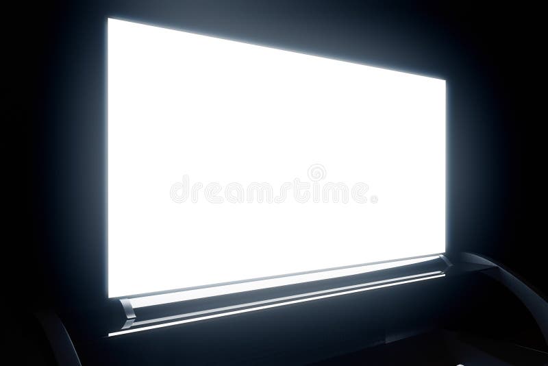 TV stand and empty illuminated flat screen in dark room. Closeup, Mock up, 3D Rendering. Tv wall pattern illustrations