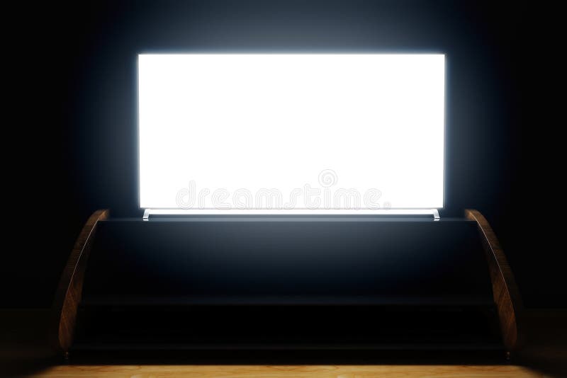 Wooden TV stand and empty illuminated flat screen in dark room. Front view, Mock up, 3D Rendering. Tv wall pattern illustrations