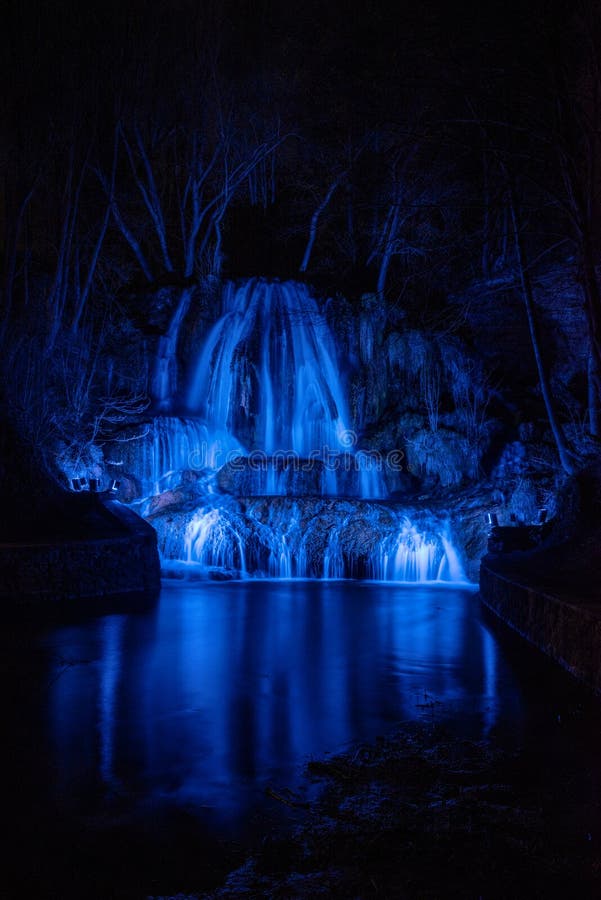 Illuminated Waterfall Lucky with Blue Light at Night. Slovakia Stock