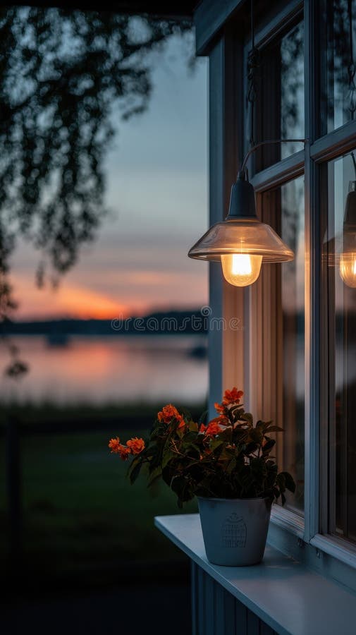 Illuminated Window with Flowers and Dusk Lake View, Tranquil Evening Scene stock photo