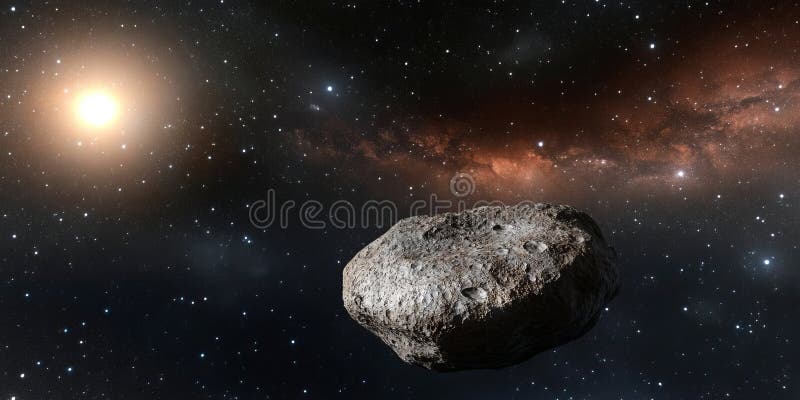 Illuminating Dark Asteroid Floating in Deep Space Near a Bright Shining Cosmic Light Source vector illustration