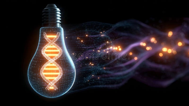 Illuminating DNA Double Helix Inside a Glowing Lightbulb with Ethereal Waves and Orange Traces royalty free illustration
