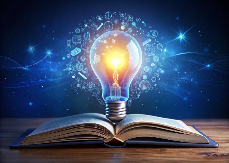 Illuminating Ideas A Conceptual Image of Knowledge Innovation and Power The glowing lightbulb and open book against a royalty free illustration