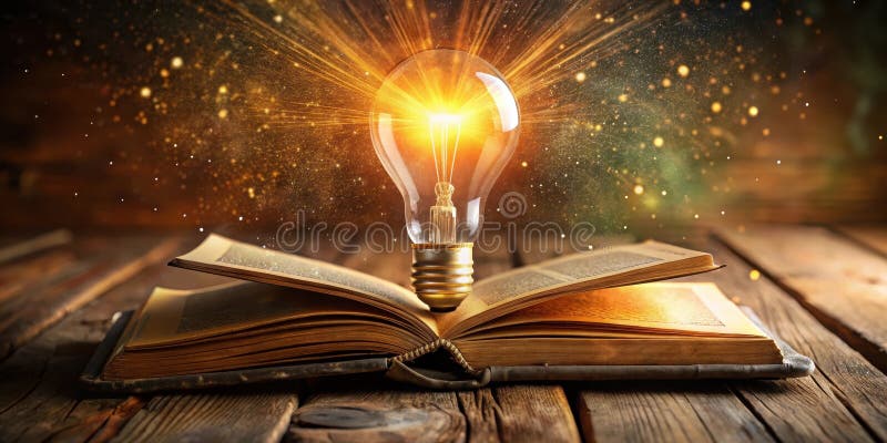 Illuminating ideas a glowing lightbulb emerging from an open antique book on a rustic wooden surface. Generative AI stock illustration