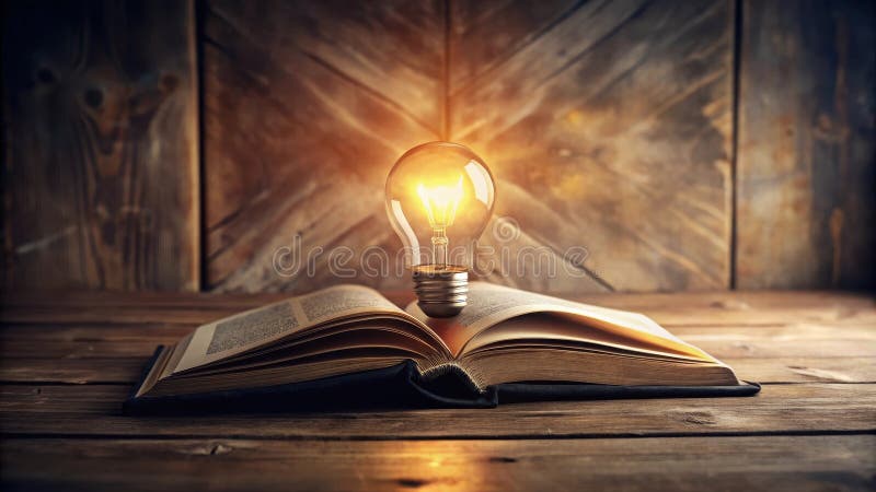 Illuminating ideas a glowing lightbulb resting atop an open book on a rustic wooden table. Generative AI royalty free illustration