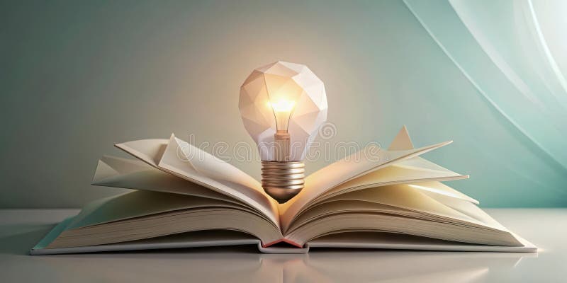 Illuminating ideas a glowing lightbulb resting on an open book, symbolizing knowledge and inspiration. Generative AI stock illustration