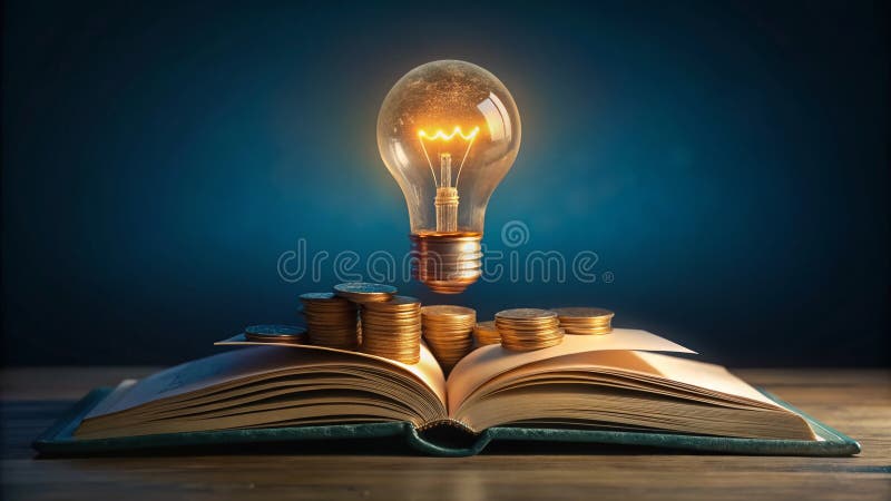 Illuminating Knowledge A Conceptual Image of a Floating Coin Lightbulb Above an Open Book Symbolizing the Power of stock illustration
