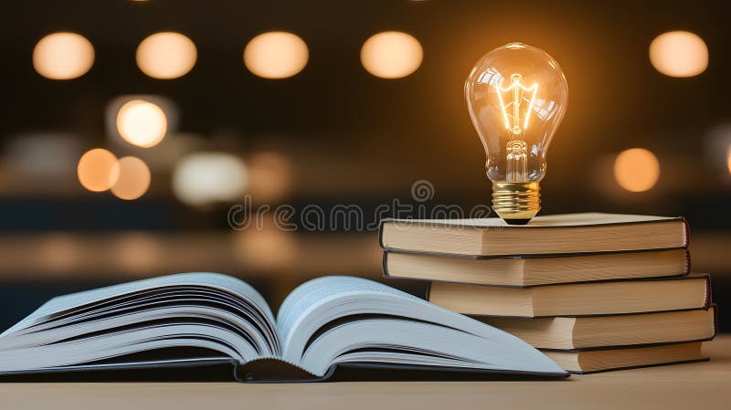 Illuminating Knowledge: A Symbol of Learning with an Open Book and Light Bulb on a Stack of Books, Signifying Ideas, Wisdom, and vector illustration
