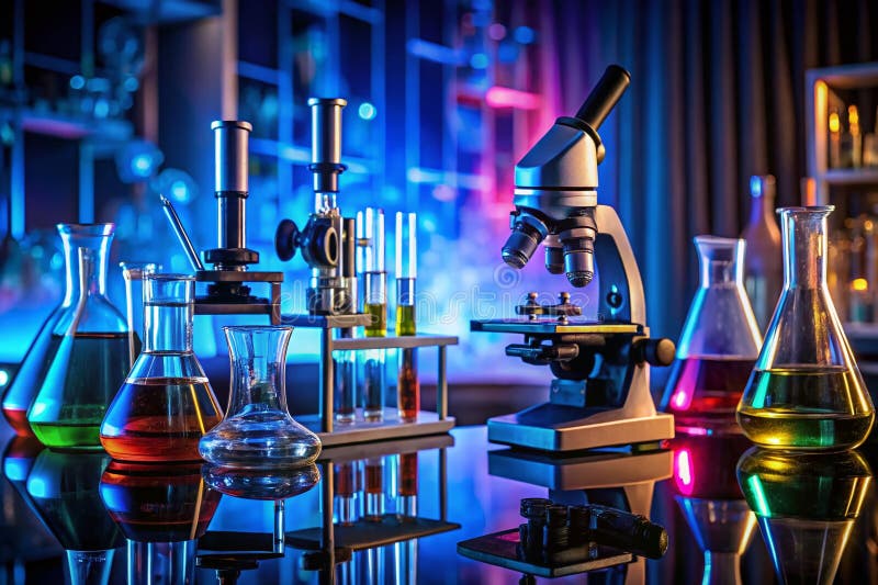 Illuminating Scientific Discovery LateNight Lab Research with Microscopes Flasks and Glassware vector illustration