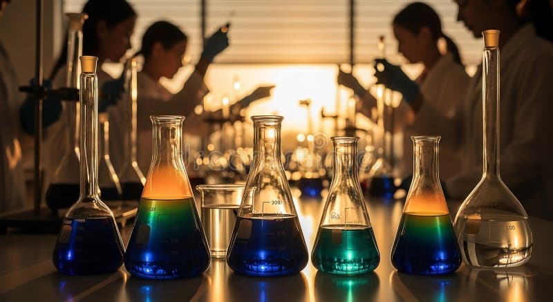 Illuminating Scientific Exploration: Liquid Formulations in a Laboratory Setting stock illustration