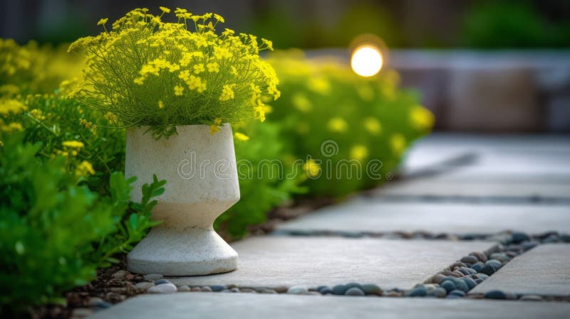 Illuminazione volumetrica : una scena colorata sul marciapiede con un vaso di fiori royalty illustrazione gratis