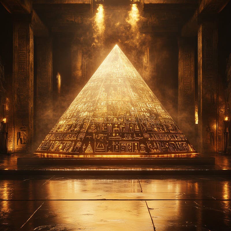 Illuminierte antike Pyramide, umgeben von mystischer Atmosphäre und sanftem Glühen, das die Wissensgeschichte und das Geheimnis sy. Dieses atemberaubende Bild zeigt eine aufwändig gestaltete antike Pyramide, die in einem mystischen Rahmen erhellt wird, der die reiche Geschichte und architektonische Brillanz des alten Ägyptens zeigt.