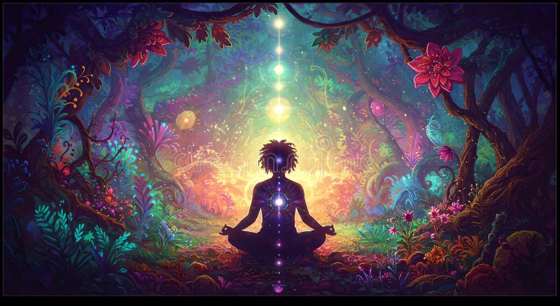 Illuminierte Meditation in einem Mystischen Wald : Balancing Chakras und Harmonie finden vektor abbildung