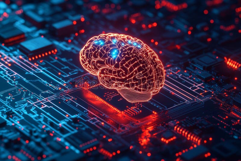 Illuminiertes drahtgebundenes Gehirn über Schaltbrett, das das Konzept der künstlichen Intelligenztechnologie zeigt lizenzfreie abbildung