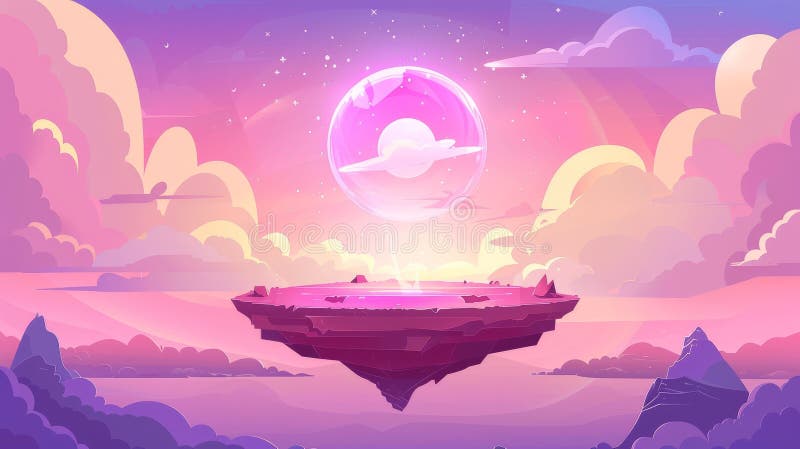 The illusion of a pink magic portal emerging on a floating island in the sky on a cartoon modern background. The royalty free stock images