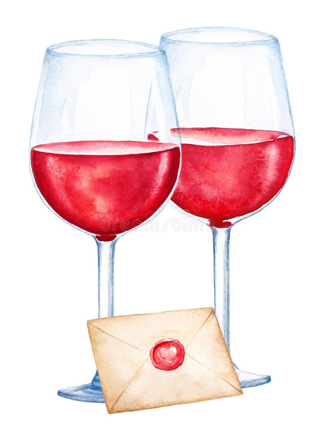 Illustartion d'aquarelle de deux verres avec le vin rouge et l'enveloppe fermée sur le fond blanc illustration stock Illustartion d'aquarelle de deux verres avec le vin rouge et l'enveloppe fermée sur le fond blanc illustration stock