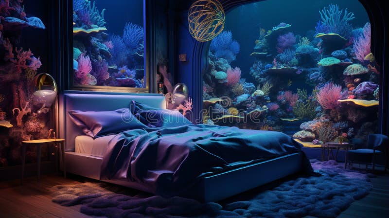 Illustrate an Underwater-themed Luxury Neon Bedroom with