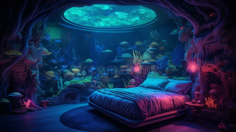 Illustrate an Underwater-themed Luxury Neon Bedroom with