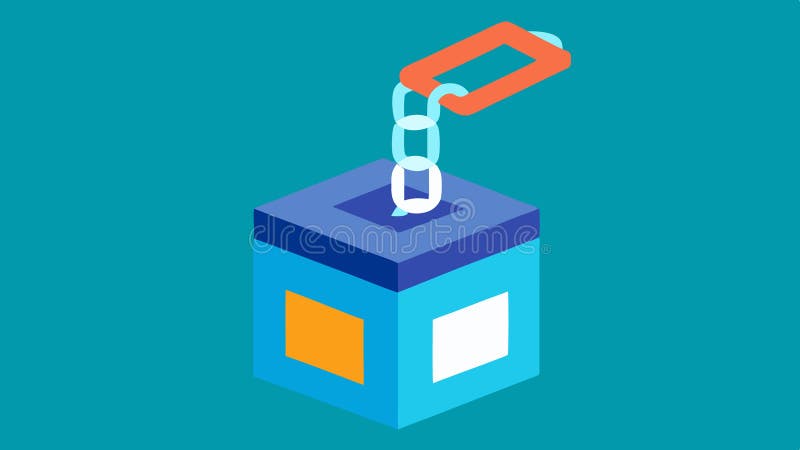 An illustrated ballot box surrounded by a digital chain link graphic symbolizing votes being securely cast into the stock photos